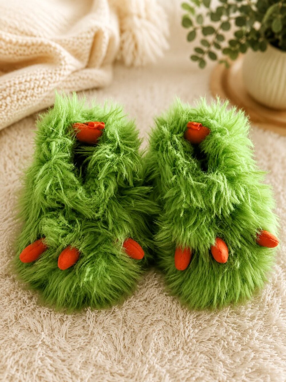Kids Green Monster Plush Slippers | Fuzzy Novelty House Shoes with Orange Claws